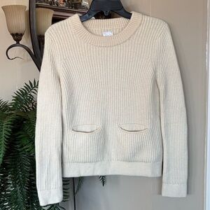 AYR Cream Crew Neck Merino & Baby Alpaca Wool Knit Sweater w/ Front Pockets